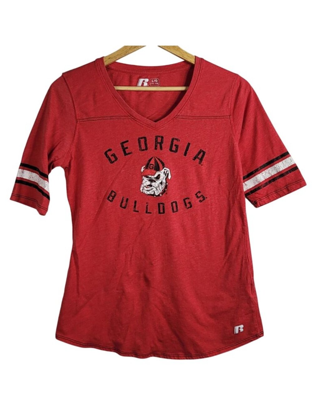 Russell Georgia Bulldogs UGA T Shirt Red SZ 11 Large Short Sleeve VNeck Pullover